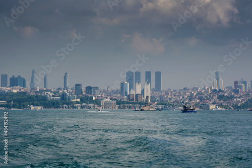 Waves from the ship. View of the city and the sea from a sea boat. Travel to Istanbul  Turkey.