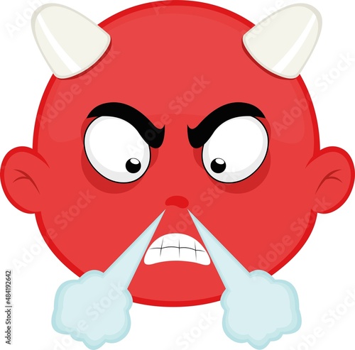 Vector illustration of the face of a little devil with an angry expression and fuming