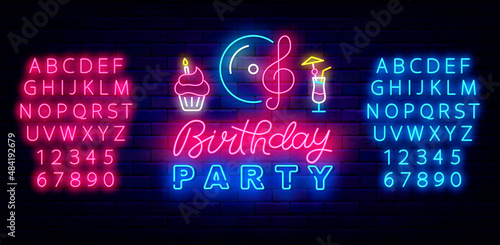 Birthday party neon sign. Shiny blue and pink alphabet. Greeting card template. Vector stock illustration