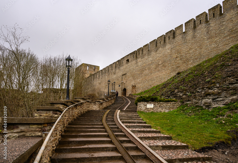 stairs leading to the fortress. Fortress wall Ivangorod. Ivangorod fortress. History of Russia.