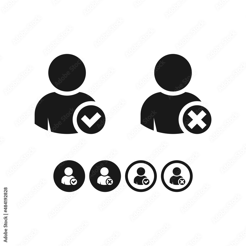 User profile sign web icon with check mark and cross mark. Vector illustration isolated on white background User profile sign web icon with check mark and cross mark. Vector illustration isolated on white background