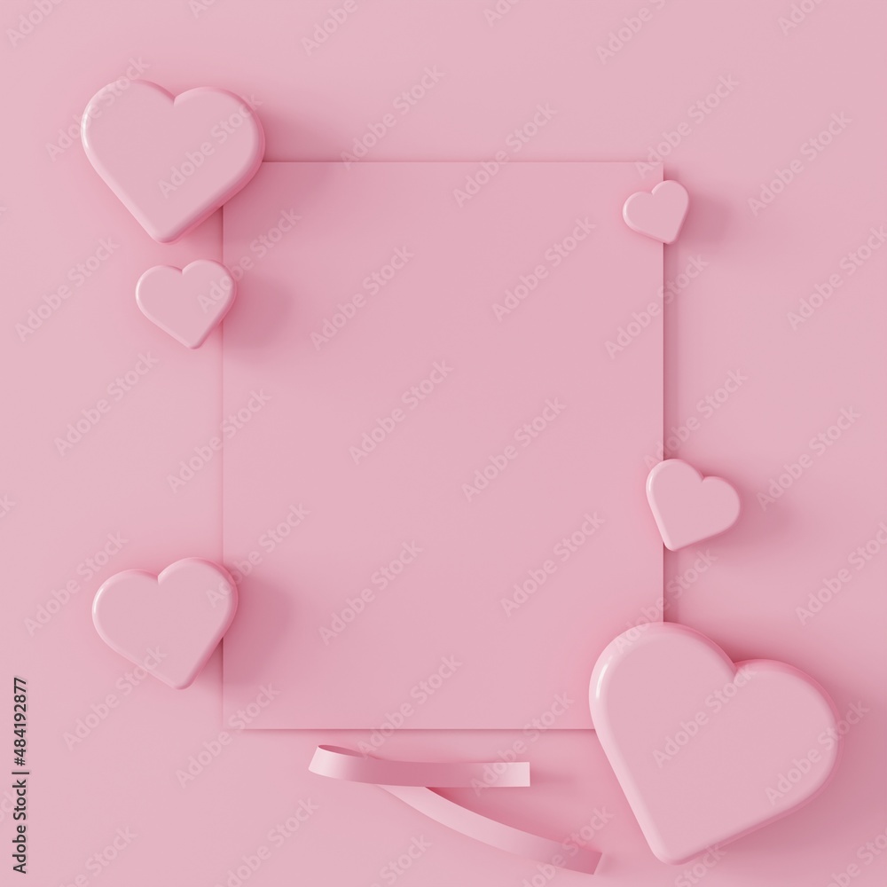 Paper with love heart ornament and ribbon on pink color suitable for greeting card, ornament, social media template