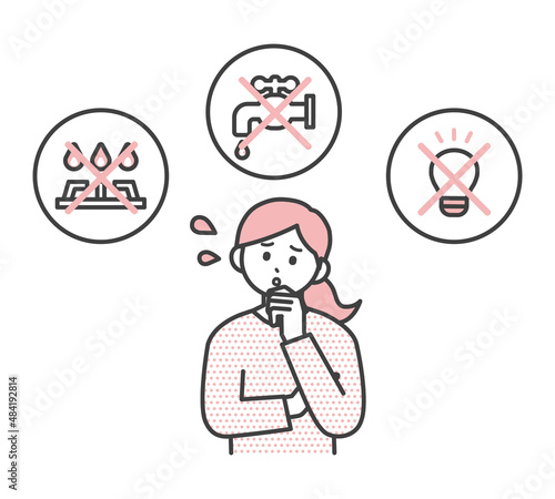 ライフラインが止まったことを考えている女性のイラスト素材