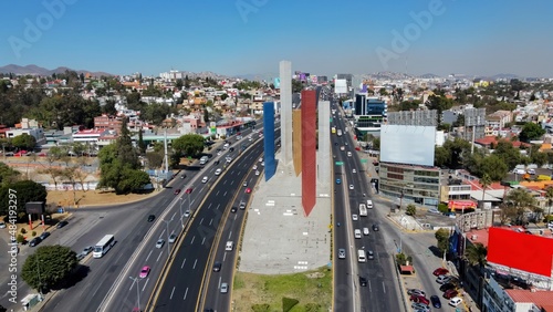Naucalpan, State of Mexico, Mexico, iconic monument called towers of satelite city, entrance to important living district north of Mexico City, and beside main road photo