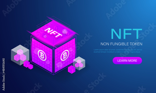 Nft token, great design for any purposes. Blockchain digital technology. Web banner. Crypto art concept. Isometric vector illustration
