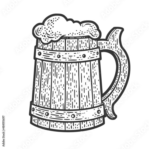 Wooden beer mug cup sketch engraving vector illustration. T-shirt apparel print design. Scratch board imitation. Black and white hand drawn image.