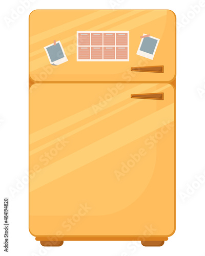 Yellow retro fridge with magnets and glider, isolated on white background. Vector illustration of a refrigerator in a flat style. Household appliances for home and kitchen