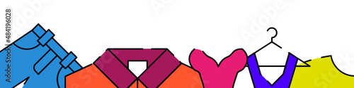 Clothes, fashion related horizontal banner or bottom border template background. Flat filled line vector illustration isolated on white.