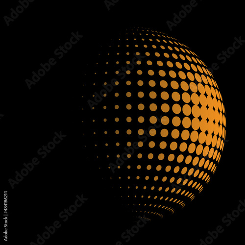 orange halftone sphere isolated on black background, vector illustration