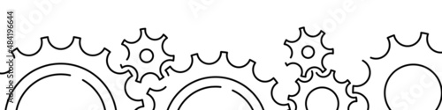 Gears, production related horizontal banner or bottom border template background. Flat line vector illustration isolated on white.