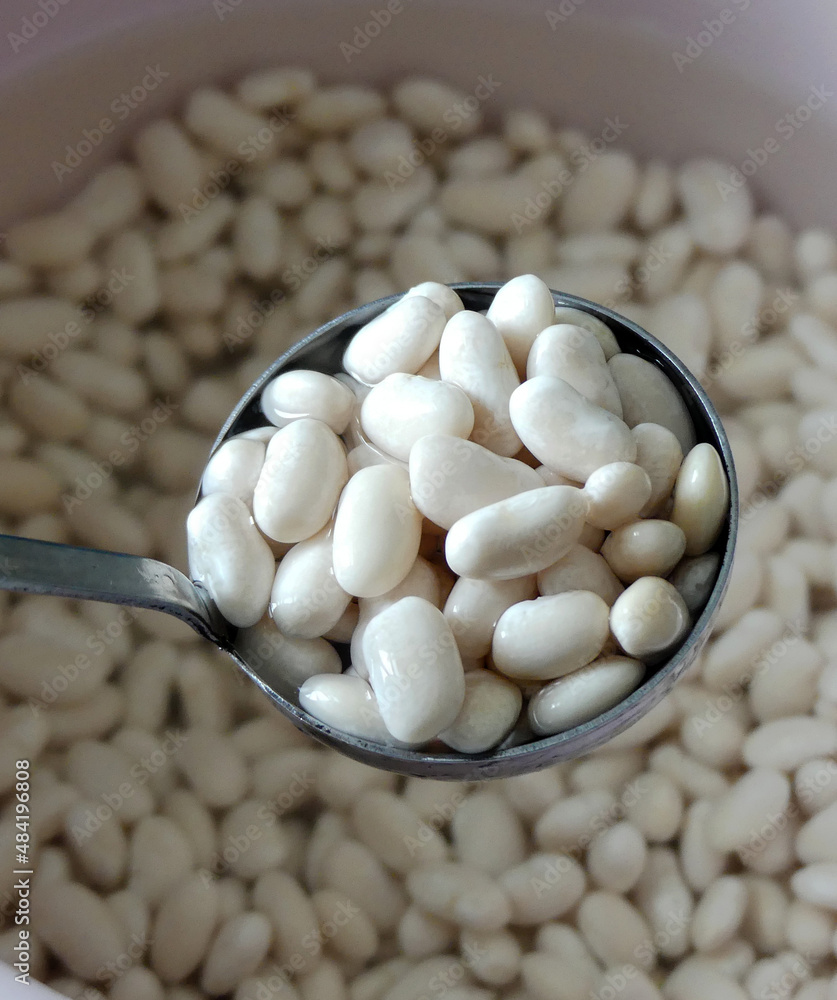 dried beans soaked in water, soaked beans ready to be cooked in water