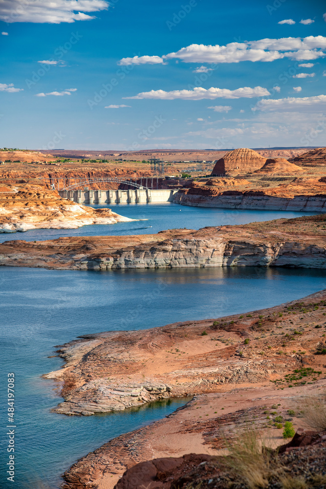 Glen Canyon Dam and Colorado River on a clear summer day.