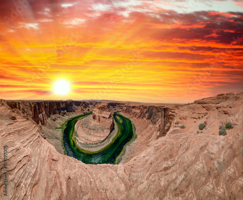 Panoramic aerial view of Horseshoe Bend and Colorado River at summer sunset, Arizona - USA