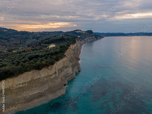 Beautiful panoramic aerial view over Corfu island of Greece in sunset time