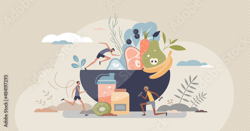 Sports nutrition and active lifestyle healthy eating menu tiny person concept. Food diet for slimming, gym muscle growth or fitness energy with vegetables, meat and fruits products vector illustration