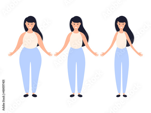 Three type women figure fat, slim and thin. Transformation process different girls body set. Vector illustration isolated on white.