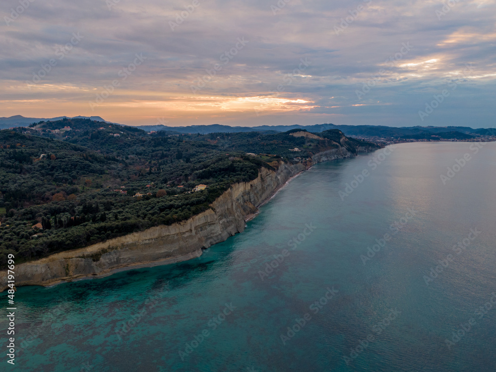 Beautiful panoramic aerial view over Corfu island of Greece in sunset time
