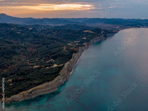 Beautiful panoramic aerial view over Corfu island of Greece in sunset time 