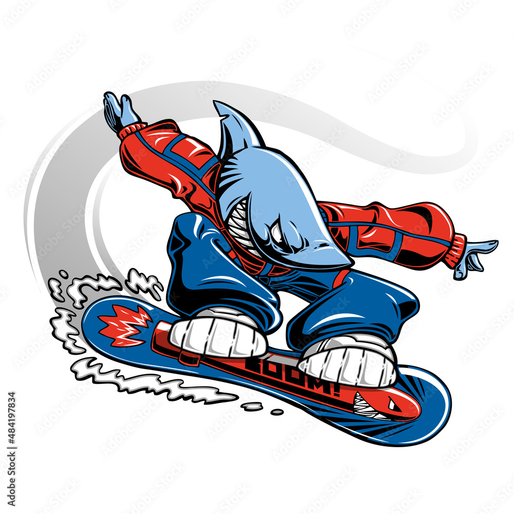 Obraz Shark snowboarding down the snowy mountains leaving a trail after him. Snowboarding concept mascot.