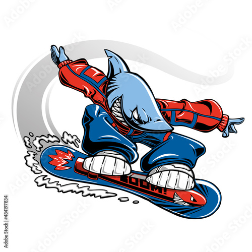 Shark snowboarding down the snowy mountains leaving a trail after him. Snowboarding concept mascot.