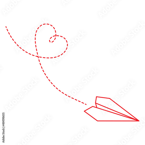 Vector illustration of paper plane icon fot st. Valentines Day. Outline simple craft paper airplane with heart route isolated on white background. Icon symbol of travel and route.