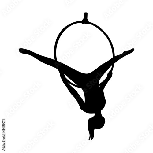 Aerial female gymnast silhouette in hoop. Aerial gymnastics stunt. Vector illustration isolated on white background
