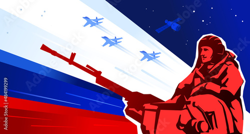 Tankman against the background of the Russian flag. Defender of the Fatherland Day. Russian national holiday. Vector illustration