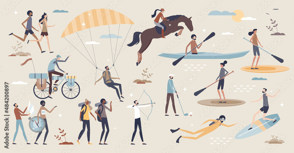 Sports set and various outdoor activities elements tiny person collection. Professional workout training items with different exercise styles vector illustration. Paddling, hiking and other hobby list - obrazy, fototapety, plakaty 