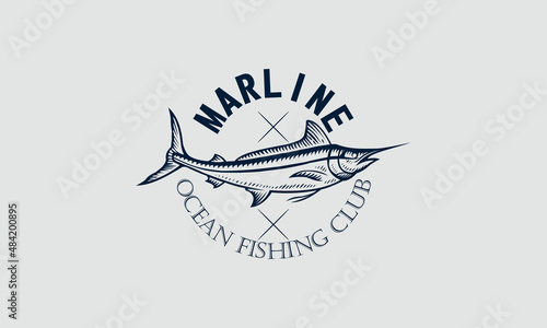 Marlin fishing logo retro hipster vintage label badge vector sticker, Fish logo vector. Fresh fish logo concept. Animal logo vector