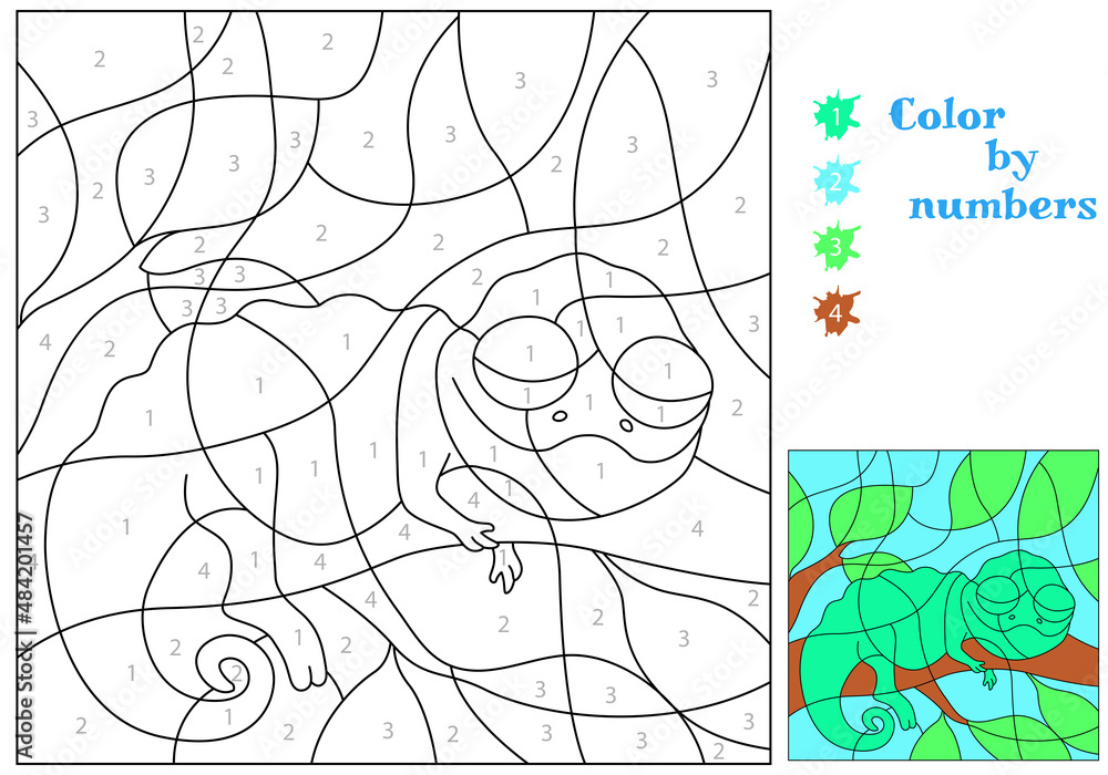 The chameleon sleeps on a branch. Coloring by numbers. Coloring book. Educational puzzle game for kids.
