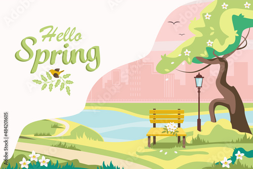 Spring landscape with city buildings in the background. City Park. Postcard Hello spring. Warm weather. Nature in spring colors. Vector illustration. Poster design.
