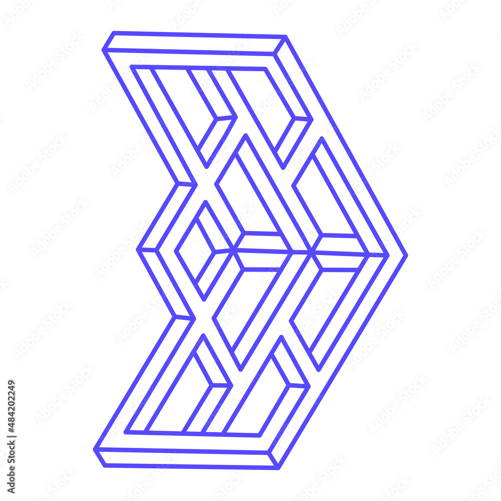 Impossible shapes. Logo in trendy 2022 Very Peri color. Sacred geometry figures. Optical illusion. Abstract eternal geometric objects. Impossible endless outline. Optical art.