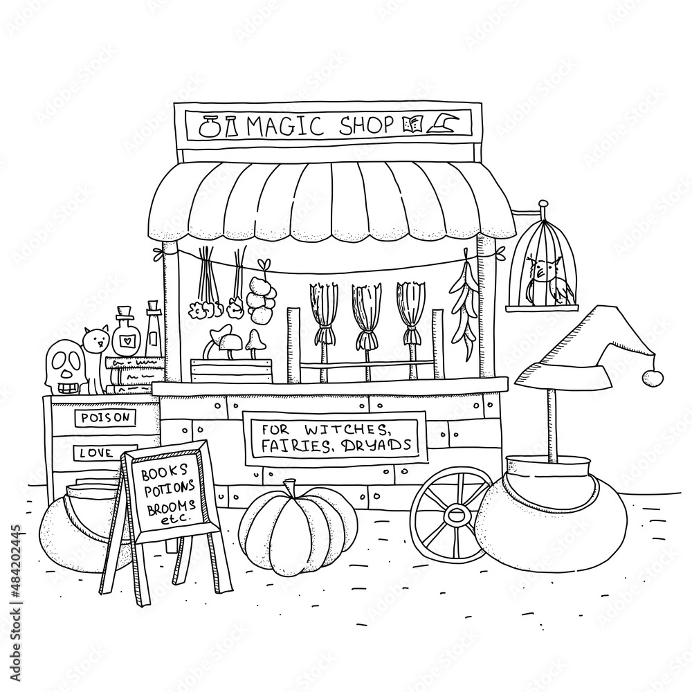 Cute autumn magic shop with pot, potion, owl  and pumpkin. Hand drawn coloring page.