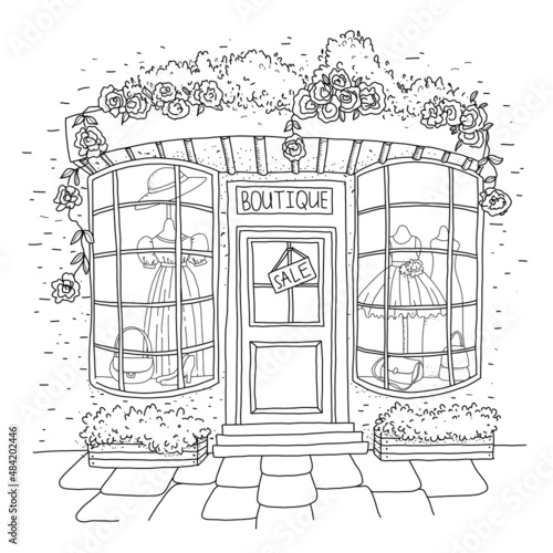 Cute summer and spring dress shop or boutique with flowers, leaves, doors  and windows. Hand drawn coloring page.