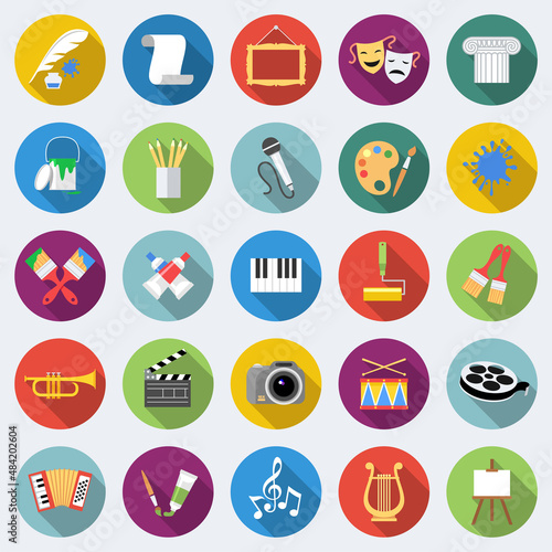 Set of art icons in flat design with long shadows