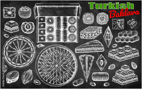 Sketch drawing set of Turkish baklava isolated on blackboard. Chalk drawn sweet food, oriental dessert, turkish delight, pistachio nuts, almond, sugar syrup, walnut, honey, bakery. Vector illustration