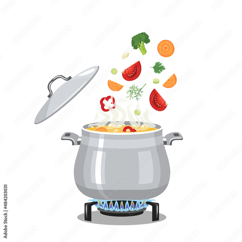 Vecteur Stock Boiling soup in pot on gas stove. Cooking concept. Vector  illustration of food in saucepan in cartoon flat style. | Adobe Stock