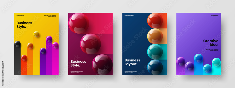 Geometric postcard vector design layout set. Premium realistic balls company identity template bundle.