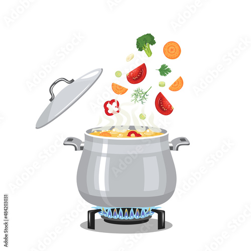 Boiling soup in pot on gas stove. Cooking concept. Vector illustration of food in saucepan in cartoon flat style.
