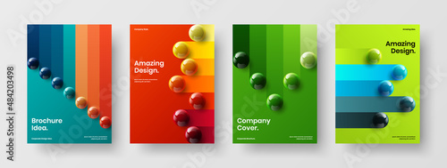 Colorful 3D spheres postcard layout composition. Modern company brochure A4 design vector template set.