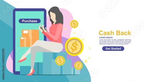 illustration of a women shopping online. Cash back concept. Vector flat design.