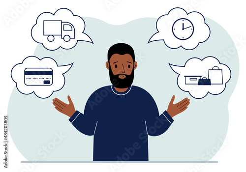 Ordering and delivery process concepts. Sad man and steps of a delivery order. Payment, delivery car, waiting hours and goods and purchases.