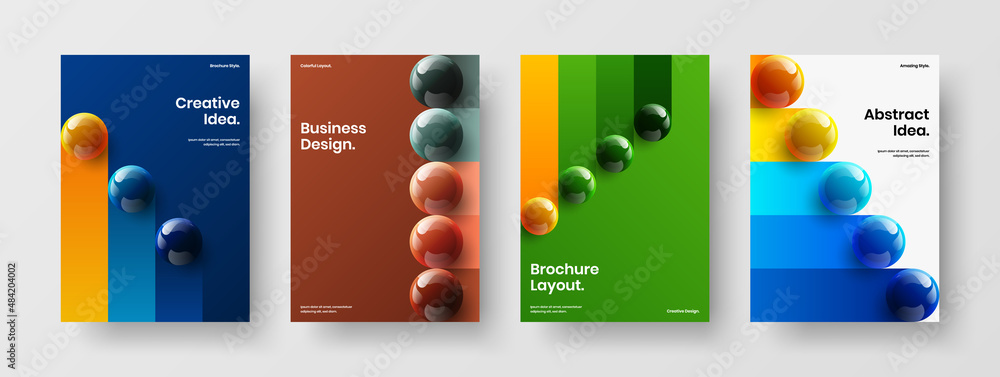 Bright 3D spheres postcard concept set. Trendy corporate identity A4 vector design layout collection.