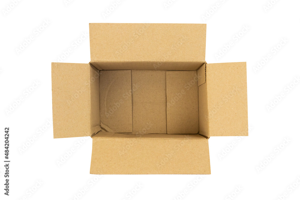 Open empty brown cardboard box isolated on white background top view Open empty brown cardboard box isolated on white background top view