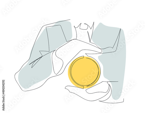 Continuous one line drawing. Hand holding abstract coin. Cryptocurrency and e-commerce concept. 