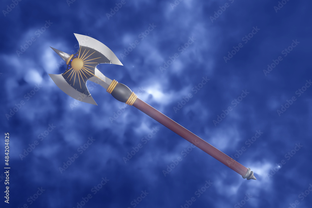 Medieval steel axe of ancient king with golden, silver and sapphire decoration, wooden handle and background of blue dusty cloud 3D-render Medieval steel axe of ancient king with golden, silver and sapphire decoration, wooden handle and background of blue dusty cloud 3D-render