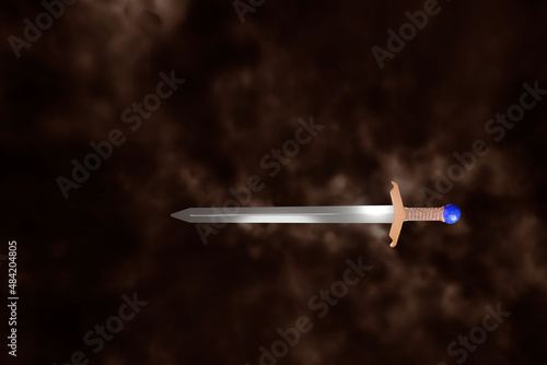Fantasy royal knight magic straight two-hand sword with gold and sapphire 3D-rendering