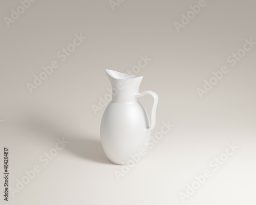 White jug pitcher pot made of porcelain ceramic standing on white surface 3D-rendering