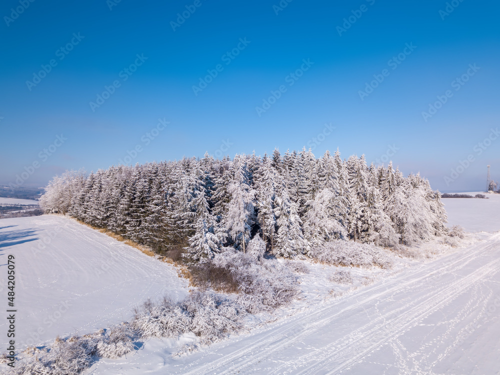 Obraz premium Aerial view of winter landscape covered by snow in sunny day. Czech Republic, Vysocina region highland
