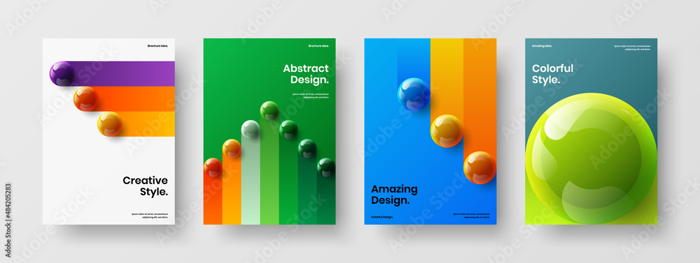 Vivid realistic balls company brochure concept collection. Fresh booklet vector design layout set.